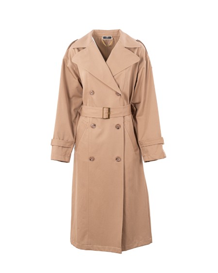 Shop ELISABETTA FRANCHI  Duster: Elisabetta Franchi oversized cotton trench coat.
Matching buttons.
Golden metal accessory.
Dropped shoulders and golden metal clamps on the wrists.
Composition: 100% cotton.
Made in Italy.. SP00541E2-390